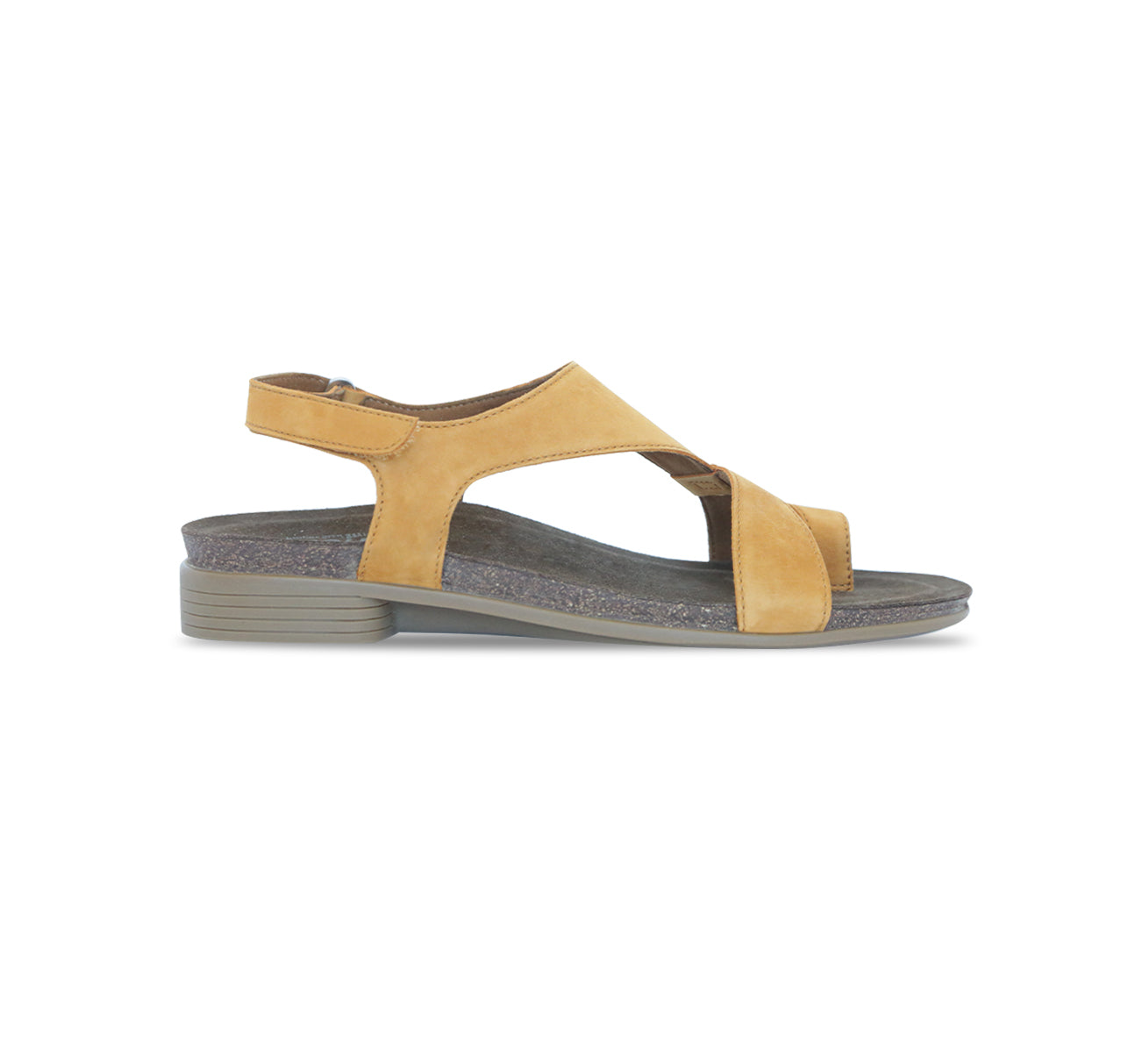 MEGHAN ASYMMETRIC, TOE-RING THONG IN CURRY NUBUCK - SIDE VIEW