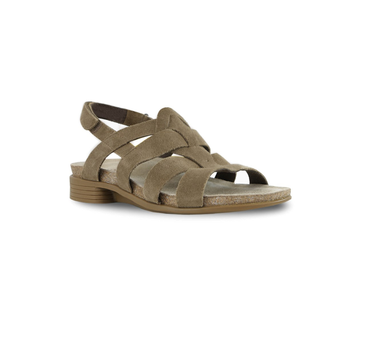 CORINE STRAPPY FOOTBED SANDAL WITH ADJUSTABLE BACK STRAP IN SESAMO SUEDE - ANGLE VIEW