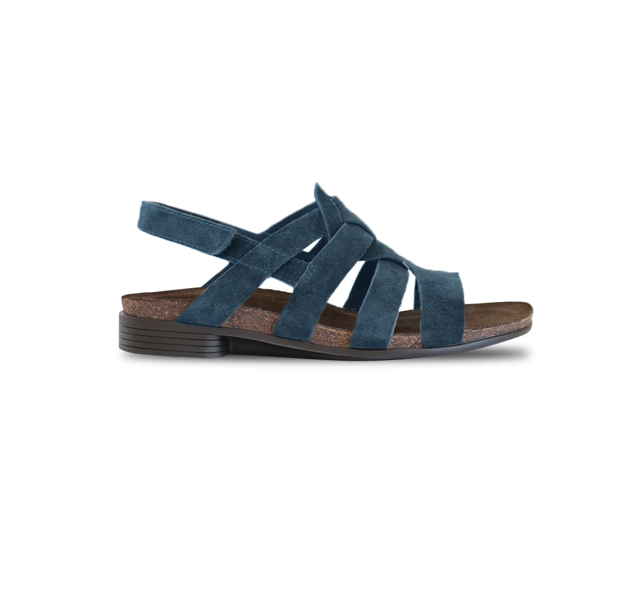 CORINE STRAPPY FOOTBED SANDAL WITH ADJUSTABLE BACK STRAP IN BLUE SUEDE - SIDE VIEW