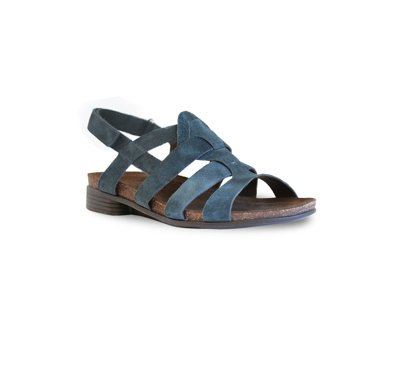 CORINE STRAPPY FOOTBED SANDAL WITH ADJUSTABLE BACK STRAP IN BLUE SUEDE - ANGLE VIEW