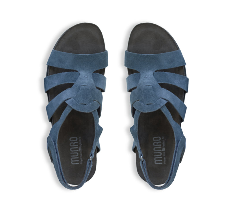 CORINE STRAPPY FOOTBED SANDAL WITH ADJUSTABLE BACK STRAP IN BLUE SUEDE - TOP VIEW