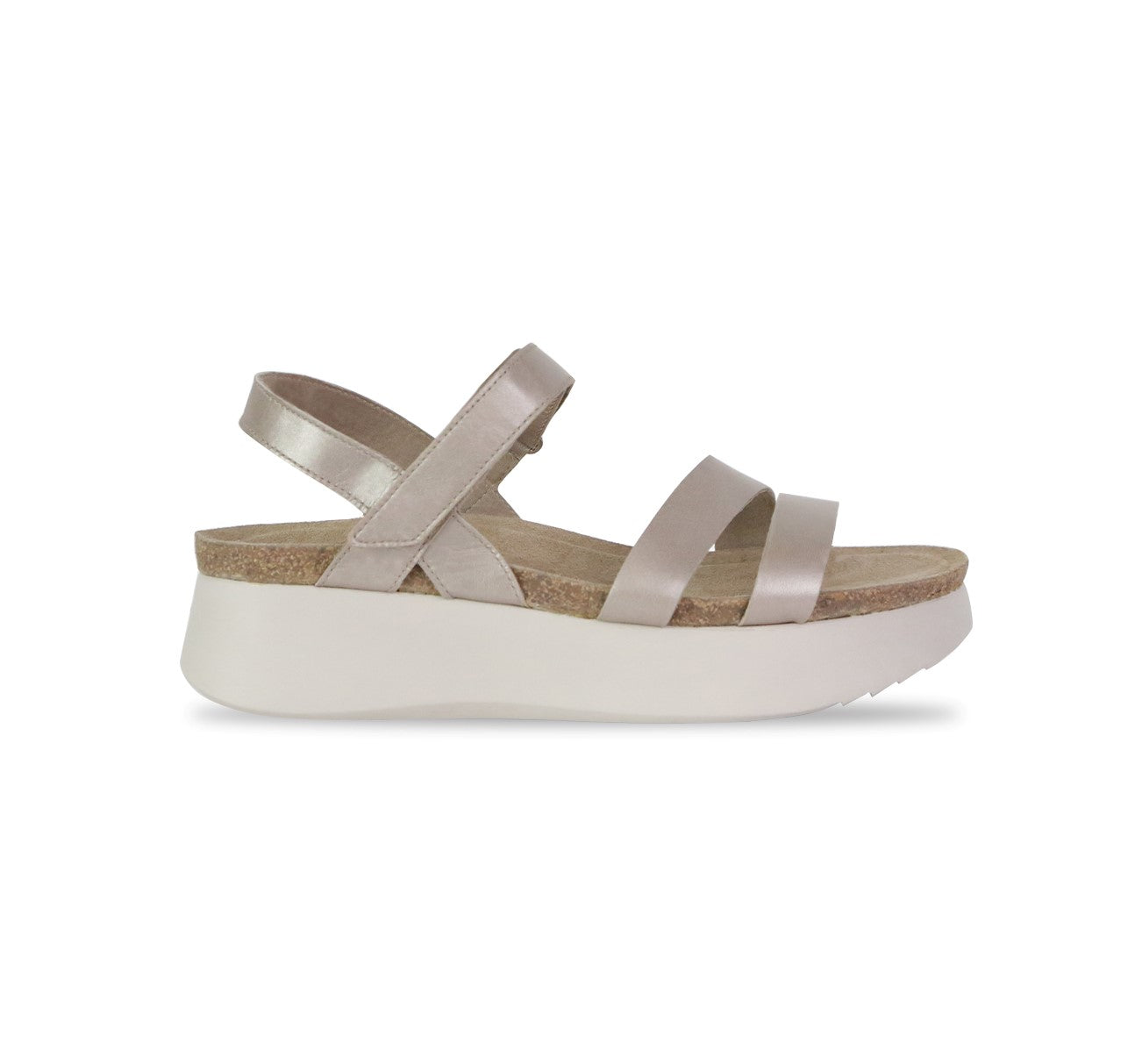 Juniper strappy suede covered cork footbed sandal on platform wedge in taupe metallic leather-side view