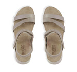 Juniper strappy suede covered cork footbed sandal on platform wedge in taupe metallic leather-top view