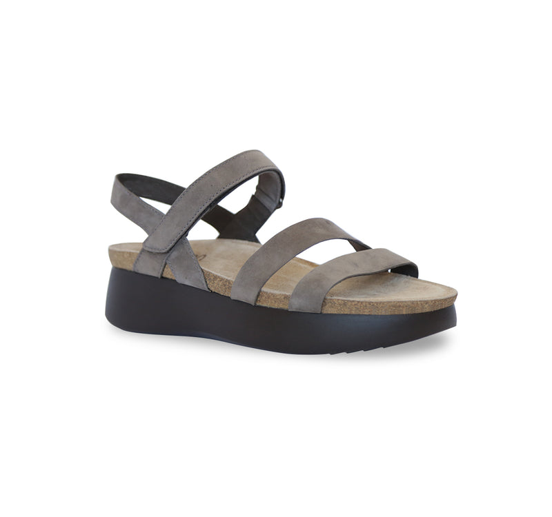 Juniper strappy suede covered cork footbed sandal on platform wedge in slate nubuck-angle view