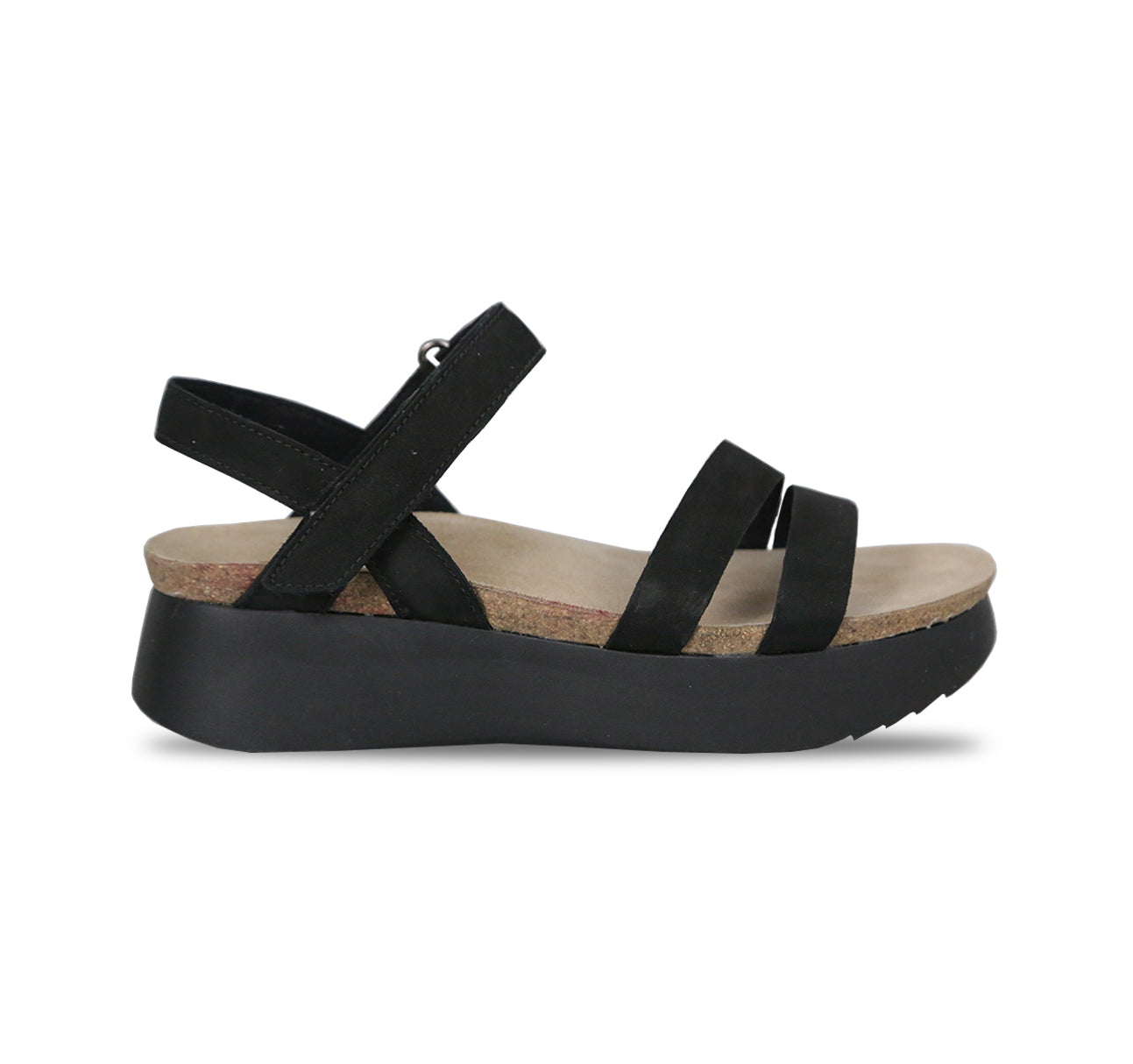 Juniper strappy suede covered cork footbed sandal on platform wedge in black nubuck-side view