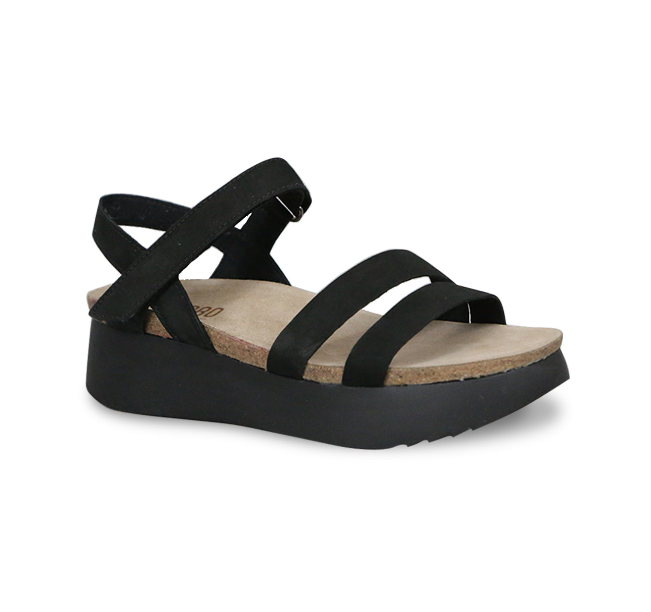 Juniper strappy suede covered cork footbed sandal on platform wedge in black nubuck-angle view