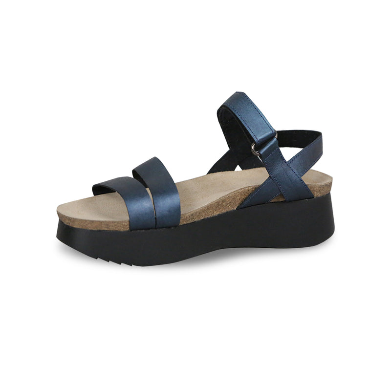 Juniper strappy suede covered cork footbed sandal on platform wedge in blue metallic leather-inside view