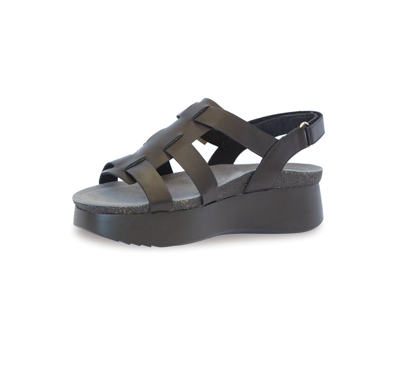 FLYNN FISHERMAN PLATFORM FOOTBED SANDAL IN BLACK LEATHER - INSIDE VIEW