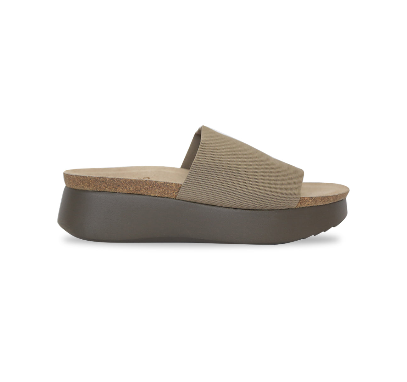 NALIA IS SINGLE WIDE-STRAP PLATFORM SANDAL IN KHAKI WITH CORK AND LATEX INSOLE - SIDE VIEW