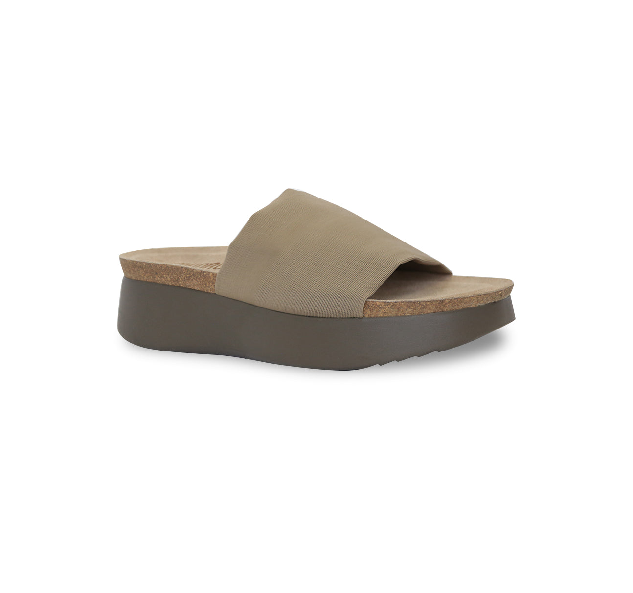 NALIA IS SINGLE WIDE-STRAP PLATFORM SANDAL IN KHAKI WITH CORK AND LATEX INSOLE - ANGLE VIEW