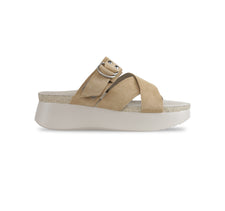 SOFIA STRAP SLIDE FOOTBED SANDAL ON PLATFORM IN TAN SUEDE - SWATCH