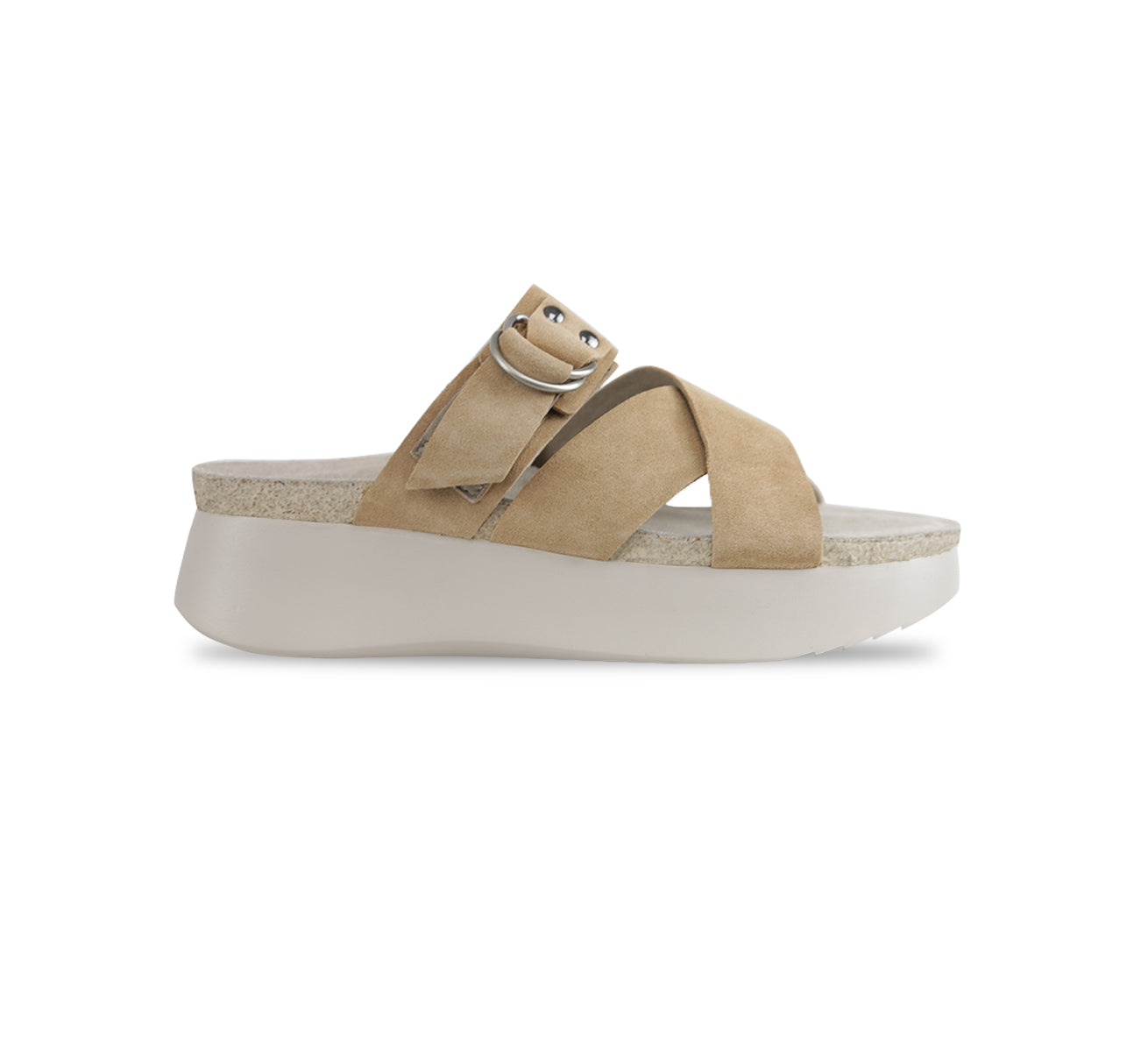 SOFIA STRAP SLIDE FOOTBED SANDAL ON PLATFORM IN TAN SUEDE - SIDE VIEW