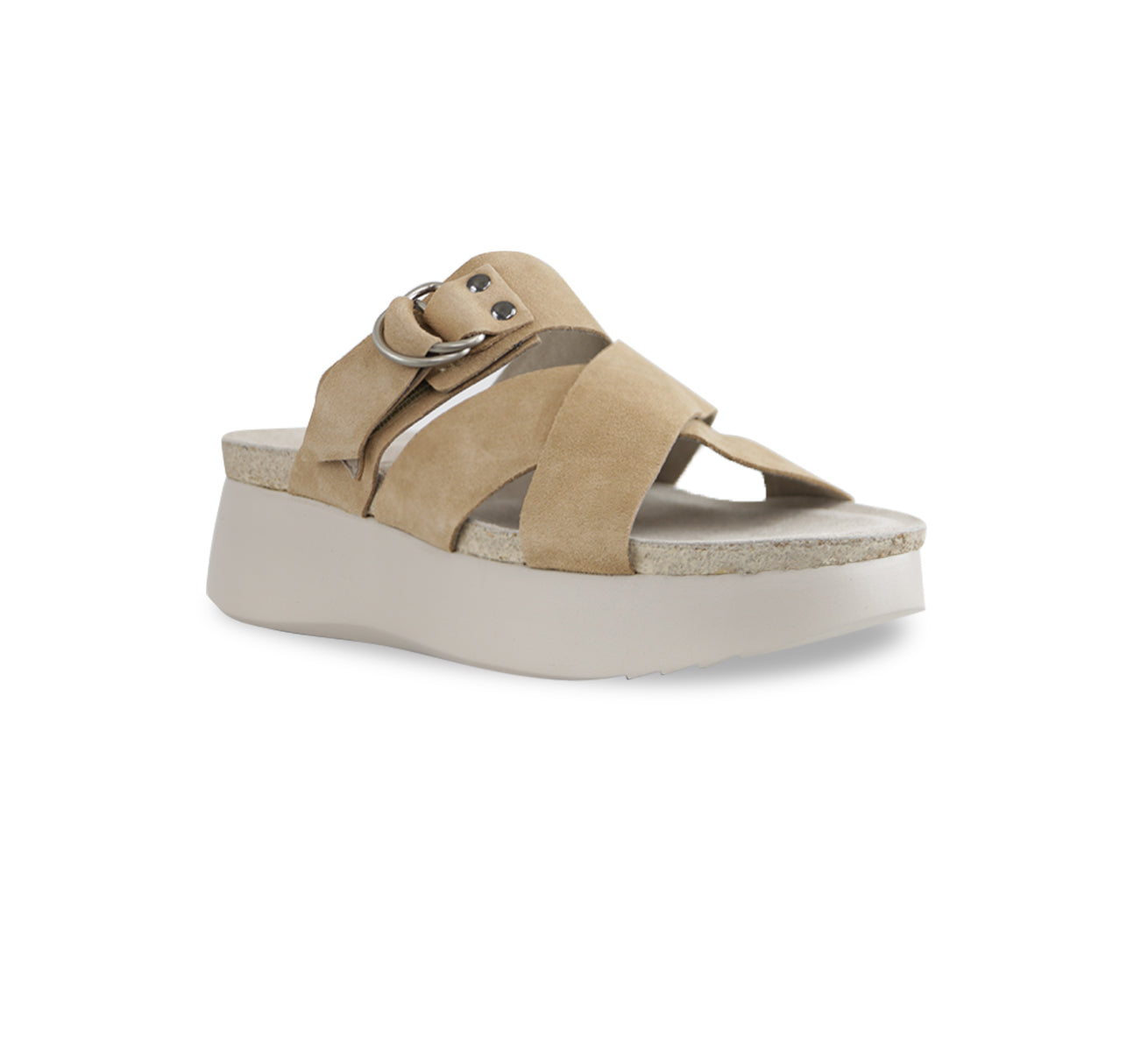 SOFIA STRAP SLIDE FOOTBED SANDAL ON PLATFORM IN TAN SUEDE - ANGLE VIEW