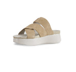 SOFIA STRAP SLIDE FOOTBED SANDAL ON PLATFORM IN TAN SUEDE - INSIDE VIEW