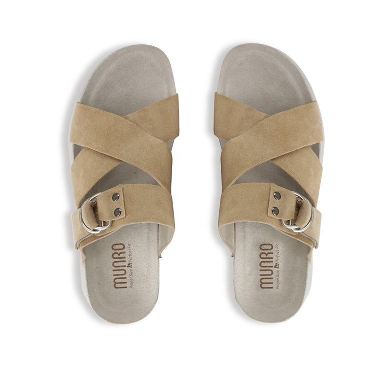 SOFIA STRAP SLIDE FOOTBED SANDAL ON PLATFORM IN TAN SUEDE - TOP VIEW