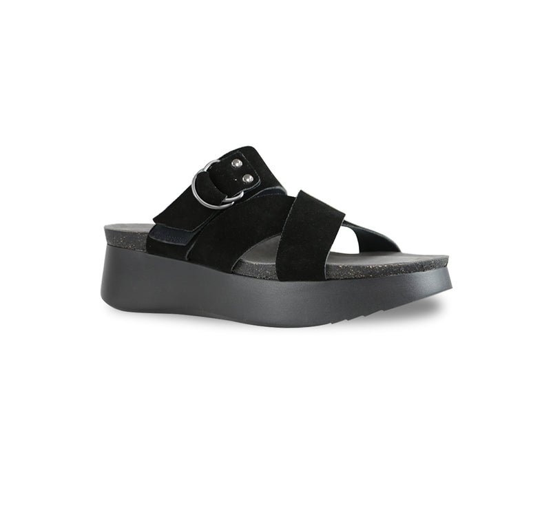 SOFIA STRAP SLIDE FOOTBED SANDAL ON PLATFORM IN BLACK SUEDE - ANGLE VIEW