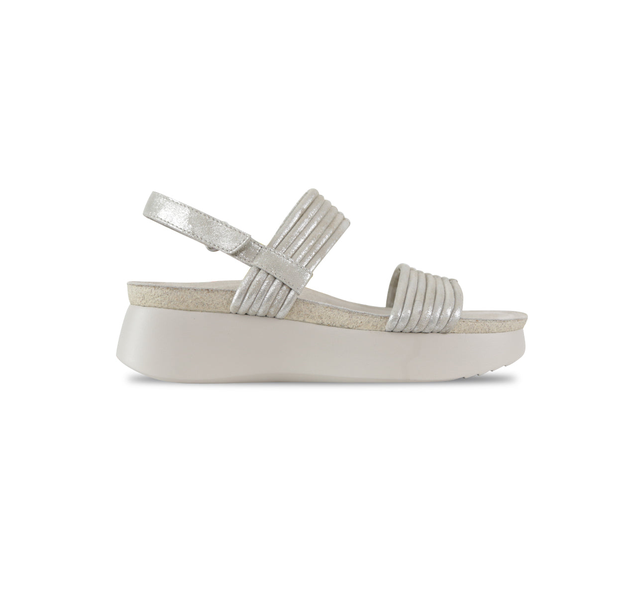 Alessia tubular banded double-strap platform-wedge footbed sandal in beige metallic suede-side view