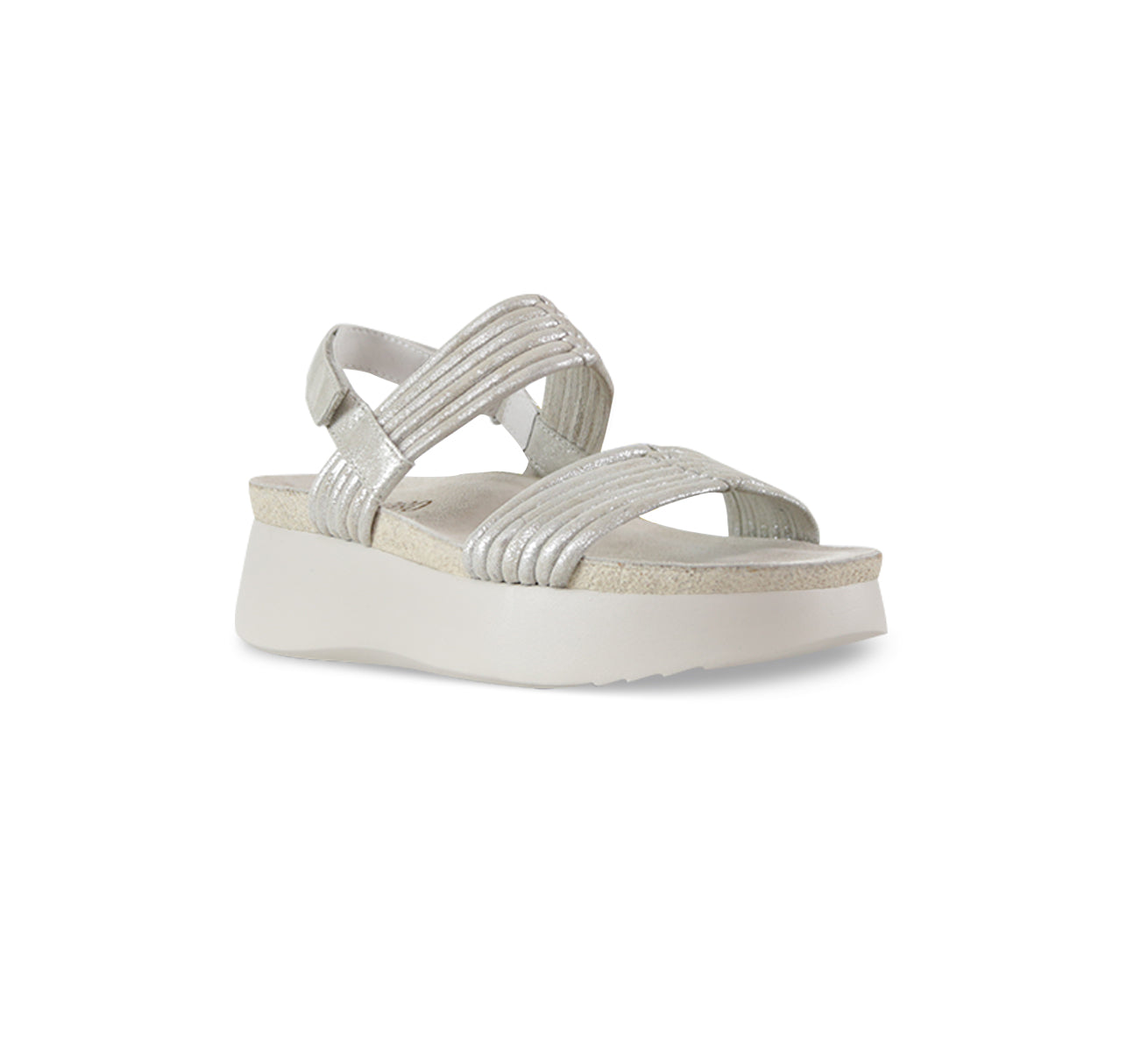 Alessia tubular banded double-strap platform-wedge footbed sandal  in beige metallic suede-angle view