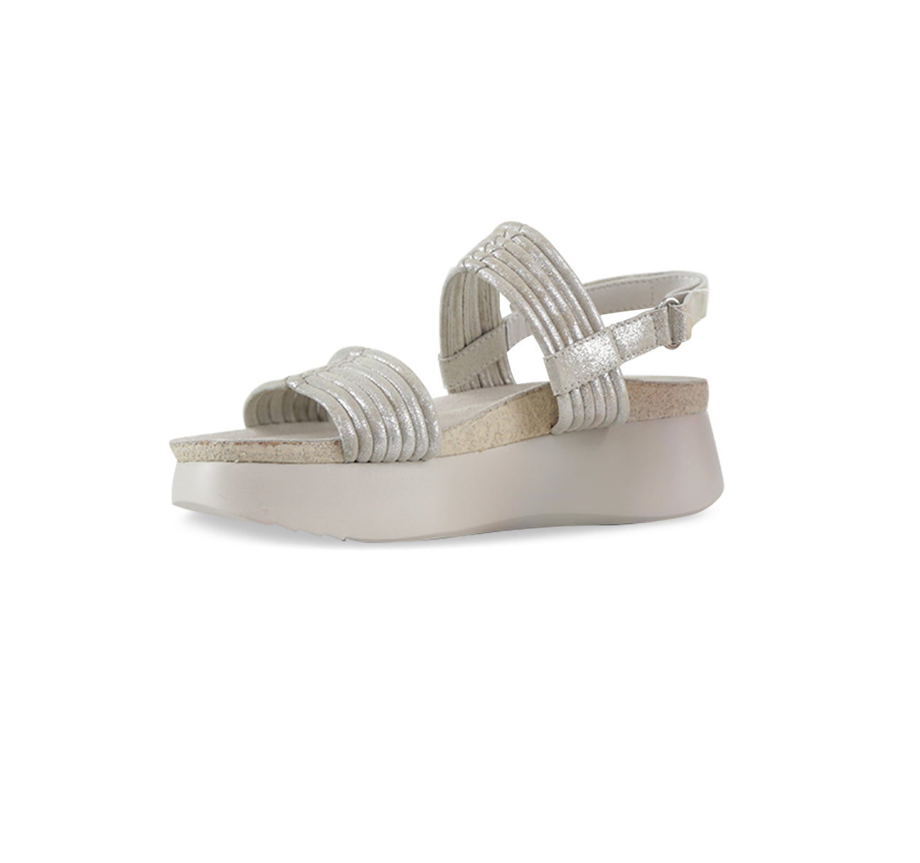 Alessia tubular banded double-strap platform-wedge footbed sandal in beige metallic suede-inside view