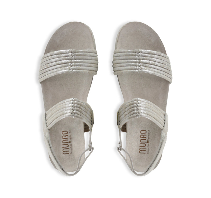 Alessia tubular banded double-strap platform-wedge footbed sandal in beige metallic suede-top view