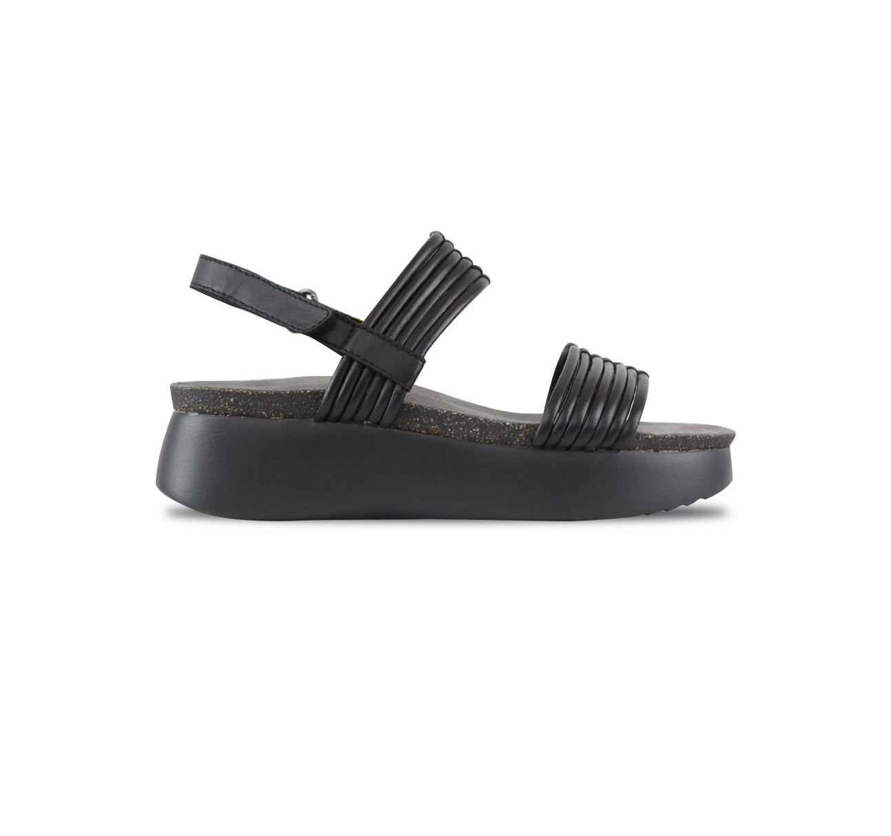 Alessia tubular banded double-strap platform-wedge footbed sandal with hook & loop back strap in black lamb leather-side view