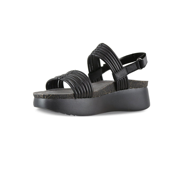 Alessia tubular banded double-strap platform-wedge footbed sandal with hook & loop back strap in black lamb leather-inside view