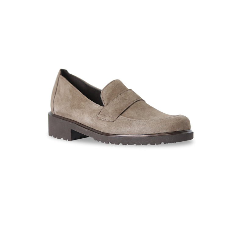 GEENA SADDLE LOAFER IN TAUPE SUEDE - angle view