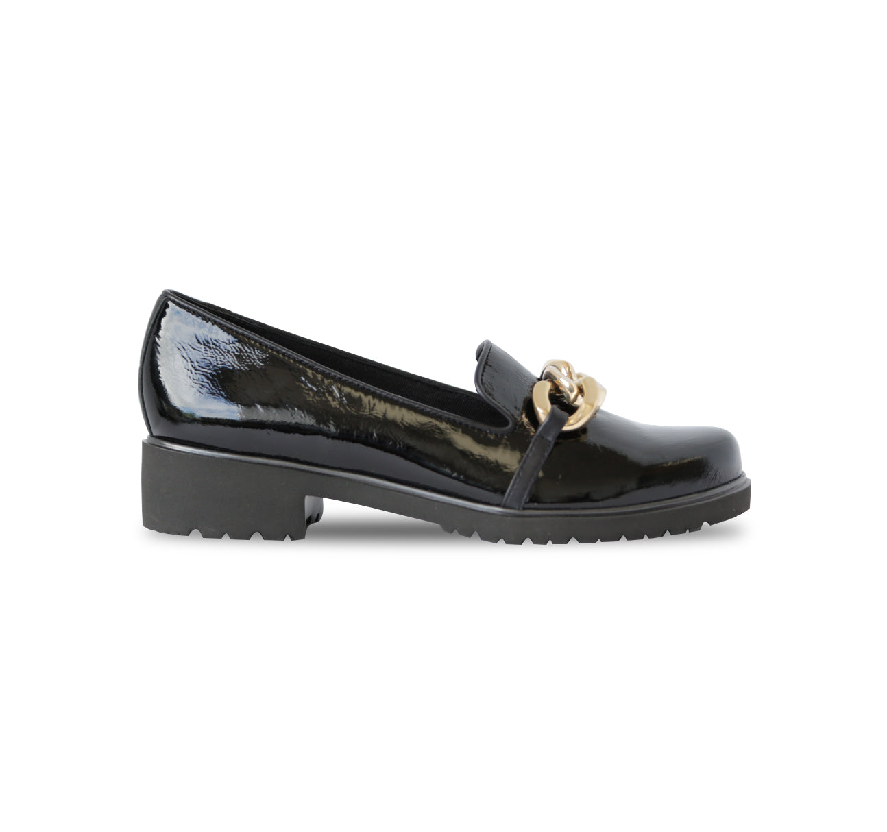 VIV BLACK PATENT LOAFER WITH CHAIN LINK ORNAMENT AND LUG OUTSOLE - SIDE VIEW