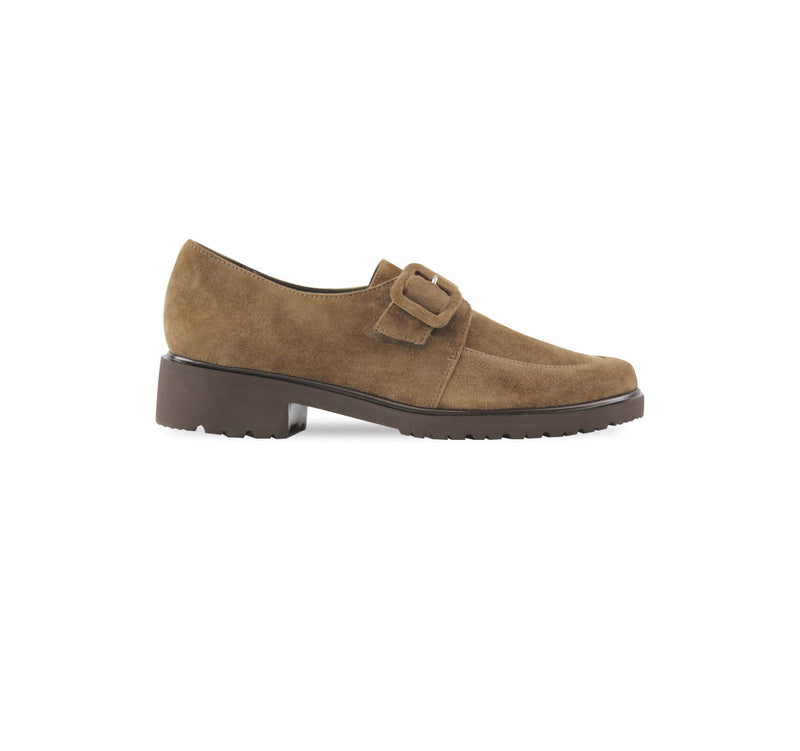 MUNRO WINSLOW MOC-TOE LOAFER WITH MONK STRAP AND COVERED BUCKLE IN FAWN SUEDE-SIDE VIEW