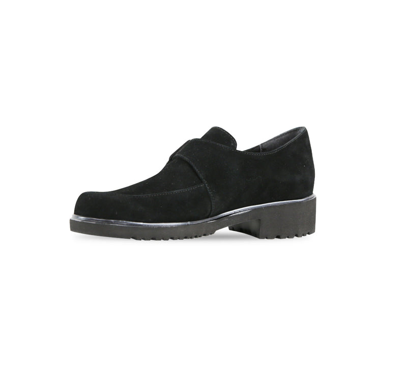 MUNRO WINSLOW MOC-TOE LOAFER WITH MONK STRAP AND COVERED BUCKLE IN BLACK SUEDE-INSIDE VIEW