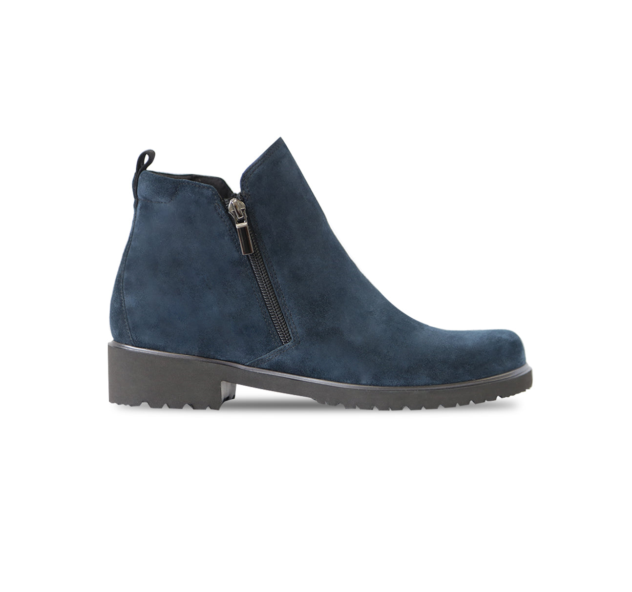 ROURKE DOUBLE ZIPPER ANKLE BOOTIE IN BLUE SUEDE-SIDE VIEW