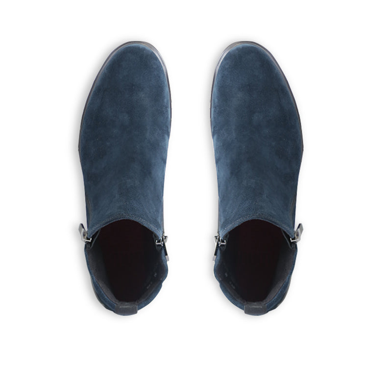 ROURKE DOUBLE ZIPPER ANKLE BOOTIE IN BLUE SUEDE-TOP VIEW