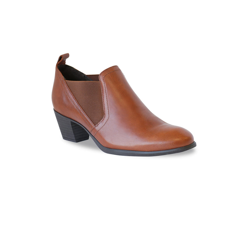 Jessie is a Chelsea bootie, with a classic look, in chestnut color calf leather-ANGLE VIEW