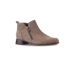 MUNRO NEKO BOOT WITH INSIDE & OUTSIDE ZIPPER ON LOW LEAWOOD WRAPPED HEEL IN ALMOND COLOR SUEDE-ANGLE VIEW