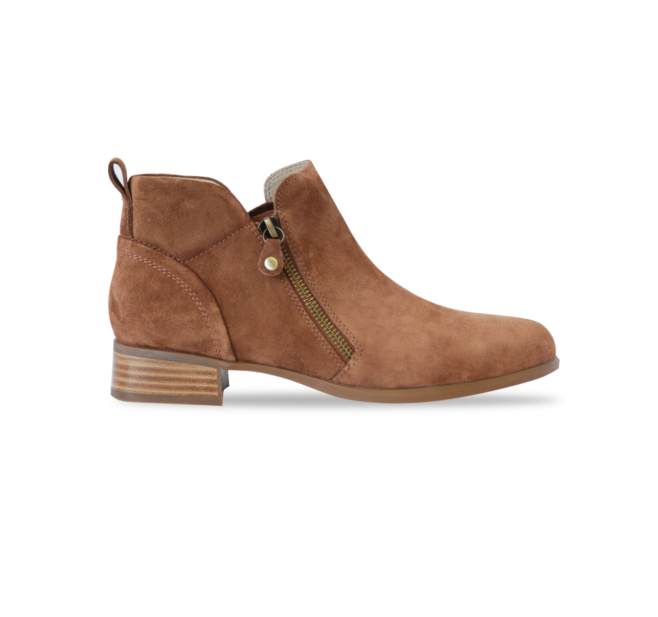 NEKO ANKLE BOOTIE IN NEW TOBACCO LEATHER WITH DUAL ZIPPERS - SIDE VIEW