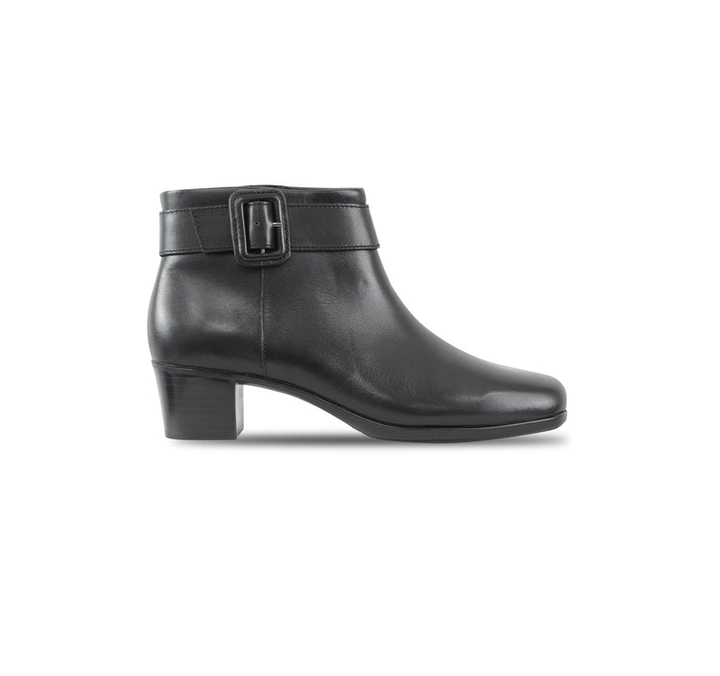 CALLIE ANKLE BOOT WITH FASHION STRAP AND INSIDE ZIPPER IN BLACK LEATHER-SIDE VIEW