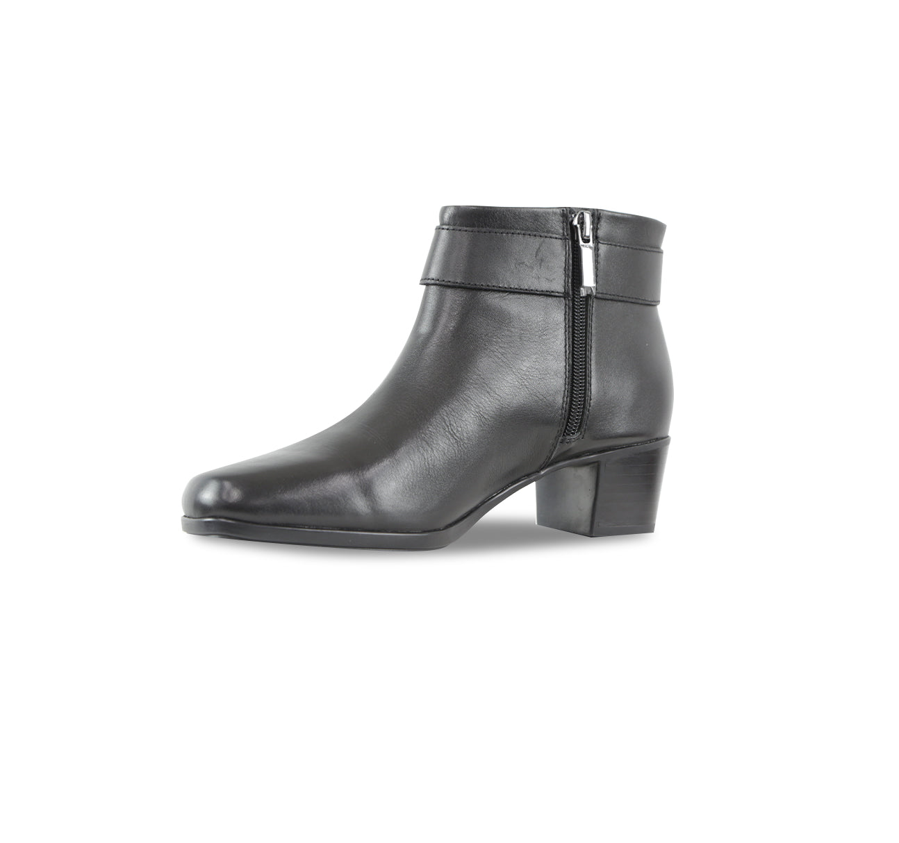 CALLIE ANKLE BOOT WITH FASHION STRAP AND INSIDE ZIPPER IN BLACK LEATHER-INSIDE VIEW