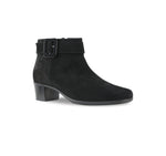 CALLIE ANKLE BOOT WITH FASHION STRAP AND INSIDE ZIPPER IN BLACK SUEDE-ANGLE VIEW