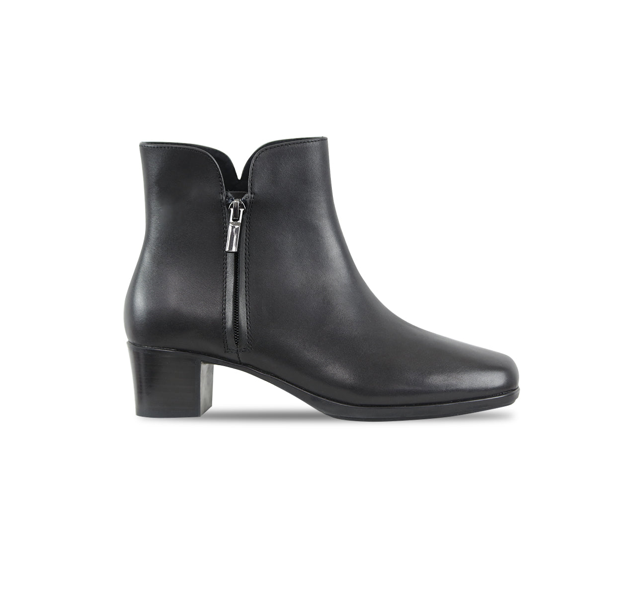 LANDYN BLACK LEATHER BOOTIE WITH OUTSIDE ZIP ON RUBBER UNIT OUTSOLE-SIDE VIEW