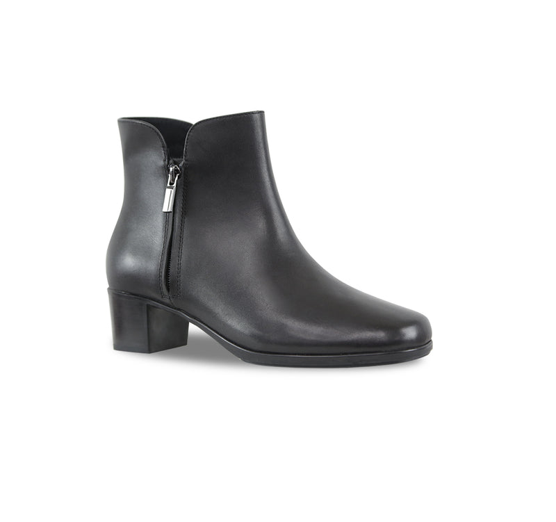 LANDYN BLACK LEATHER BOOTIE WITH OUTSIDE ZIP ON RUBBER UNIT OUTSOLE-ANGLE VIEW