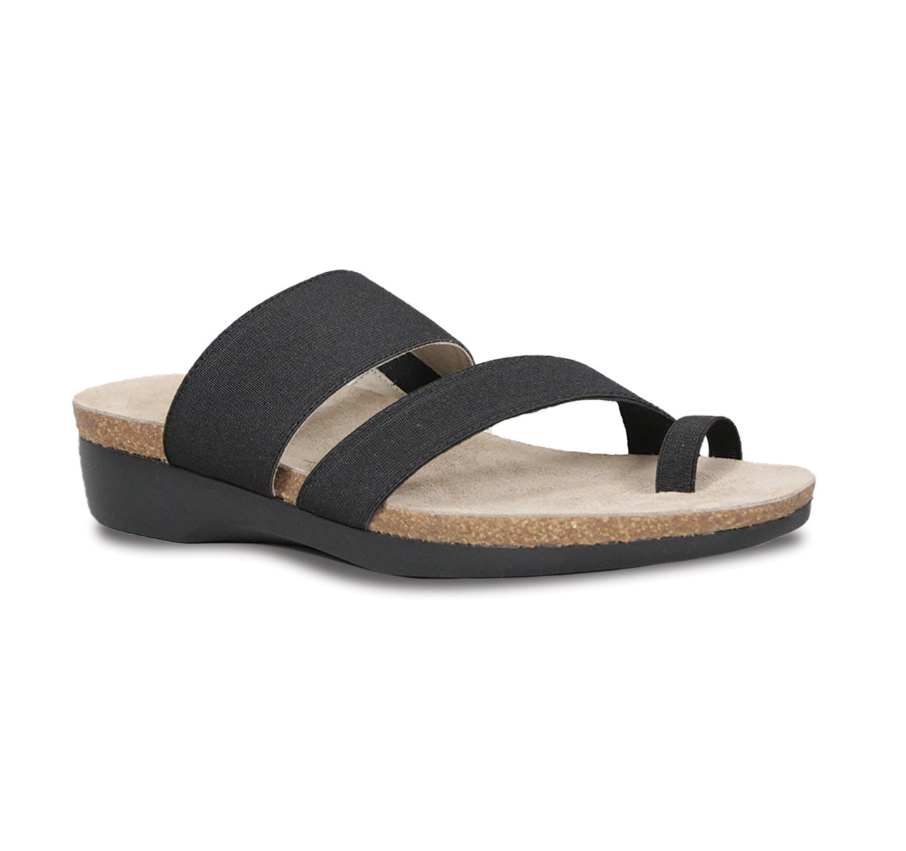 ARIES TOE-RING FOOTBED SANDAL IN BLACK FABRIC - angle View